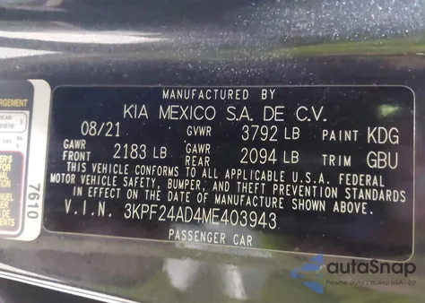 2021 Kia Forte Lxs from USA, damaged, VIN 3KPF24AD4ME403943